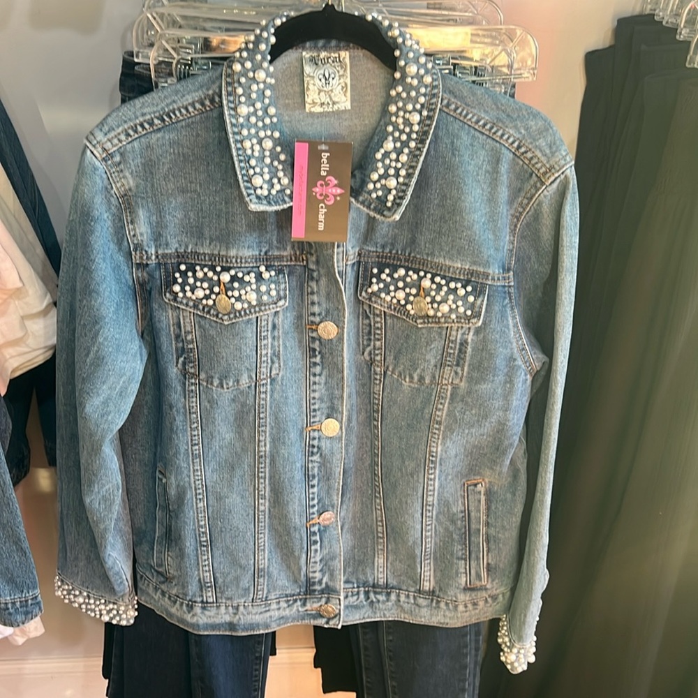 Plus size and regular  jean jacket with pearls
